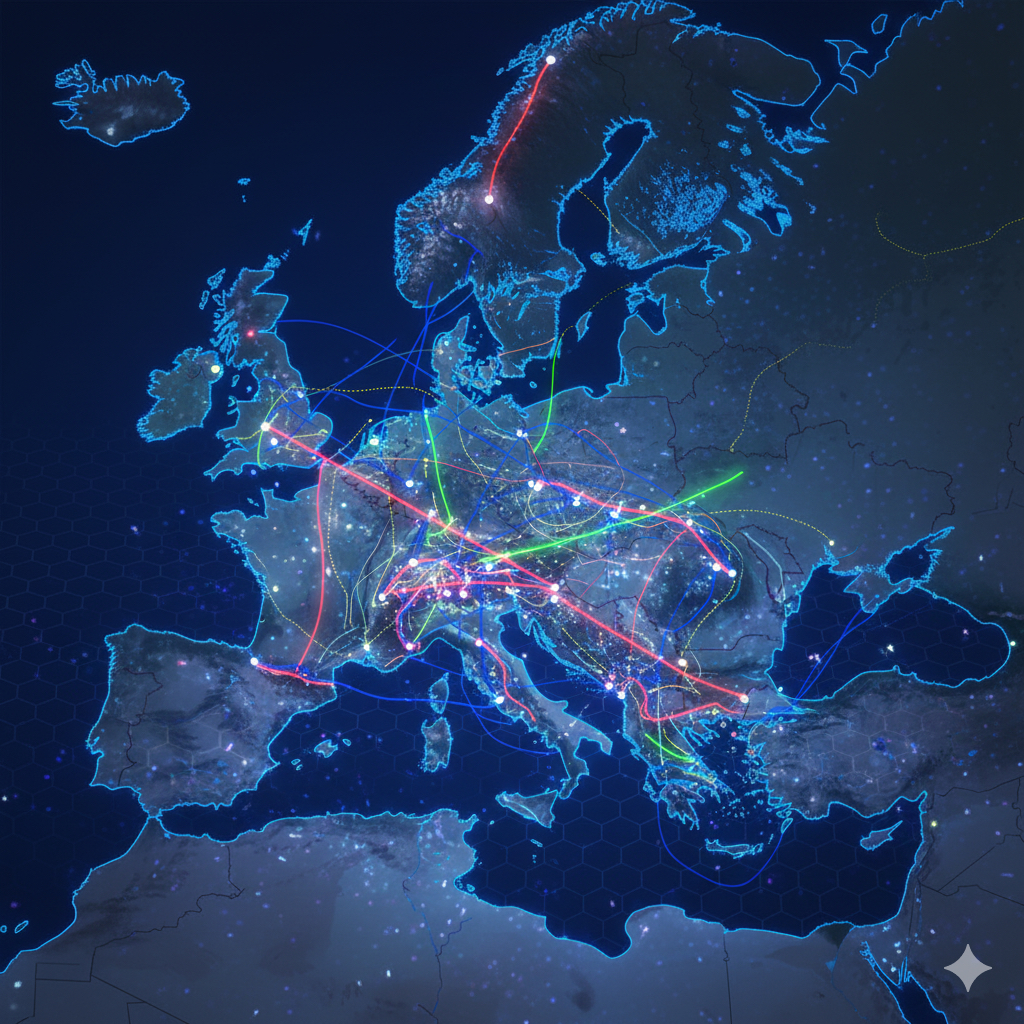 Map of Europe showing routes